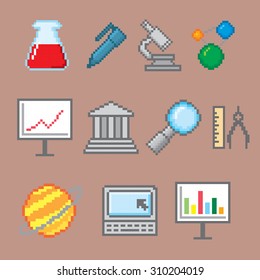 Education and Science icons set. Pixel art. Old school computer graphic style.