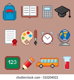 Education and Science icons set. Pixel art. Old school computer graphic style.