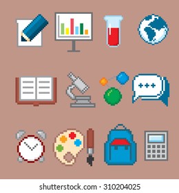 Education and Science icons set. Pixel art. Old school computer graphic style.
