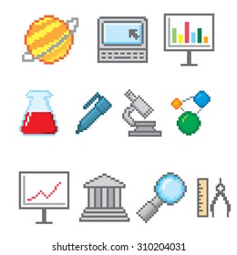 Education and Science icons set. Pixel art. Old school computer graphic style.