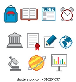 Education and Science icons set. Pixel art. Old school computer graphic style.