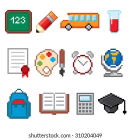 Iconos de educación y ciencia establecidos. Arte Pixel. Estilo gráfico de computadora de la vieja escuela.