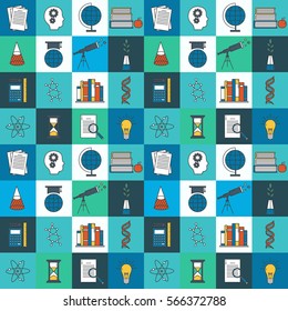 Education and science icons set, seamless pattern vector. Modern thin line icon, trendy flat style. Colorful background with education symbols. Decorative wallpaper, good for printing. Wrapping design