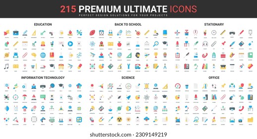 Education, science and information technology color flat icons set vector illustration. Abstract symbols of office and school stationery, training courses simple design for mobile and web apps