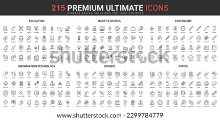 Education, science and information technology thin line red black icons set vector illustration. Abstract symbols of office and school stationery, training courses simple design for mobile, web apps