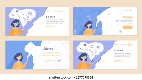 Education and Science Landing Page. Study, Research with Flat People Characters Website Template. Four template options. Vector illustration