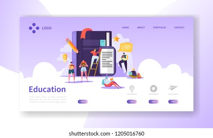 Education and Science Landing Page. Training, Courses Learning with Flat People Characters Website Template. Vector illustration