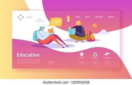 Education and Science Landing Page. Training, Courses Learning with Flat People Characters Website Template. Vector illustration