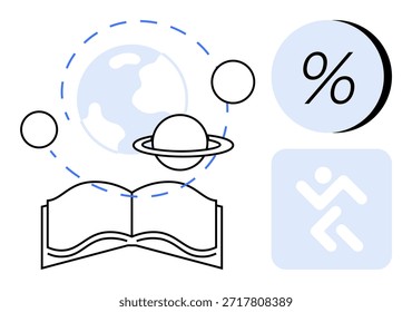 Educación, ciencia, recursos de aprendizaje, matemáticas, actividad física, conocimiento global. Libro abierto con símbolos planetarios, signo de porcentaje y figura en ejecución. Concepto de Educación y ciencia