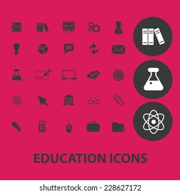 educación, ciencia, biblioteca iconos negros aislados, signos, símbolos, conjunto de ilustraciones, vector