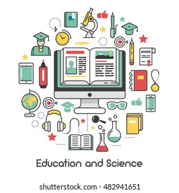 Education And Science Line Art Thin Vector Icons Set With Computer Microscope