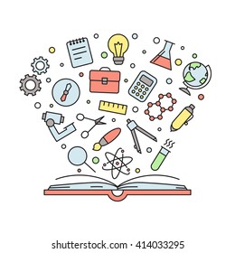 Education and science outline multicolored vector illustration with book. Modern minimalistic design.