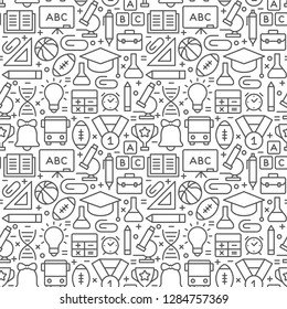 Education and science seamless pattern with icons in thin line style