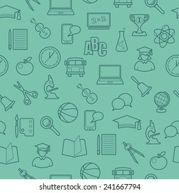 Education and science seamless pattern with learning icons in thin line style