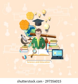 Education and science student study research experimentation lessons school  university college chemistry physics vector illustration  