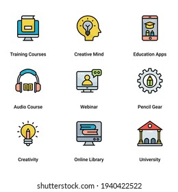 Education and Science technology App Icons Set. Colored Line Style Vector Illustrations. elements for mobile concepts and web apps. Collection modern infographic logo and pictogram.