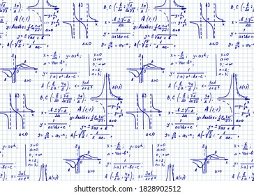 Education and scientific background. Math seamless pattern with the equations, figures, schemes, plots and other calculations on notebook page. Handwritten vector Illustration. 