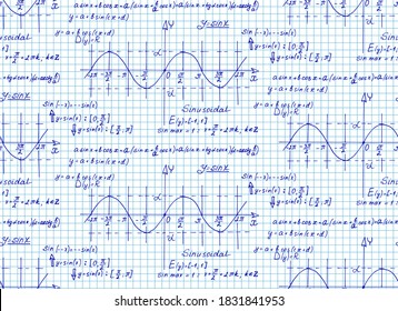 Education and scientific background. Math seamless pattern with the equations, figures, schemes, plots and other calculations on notebook page. Handwritten vector Illustration.