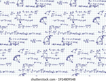 Education and scientific background. Math seamless pattern with the equations, figures, schemes, plots and other calculations on notebook page. Handwritten vector Illustration. 