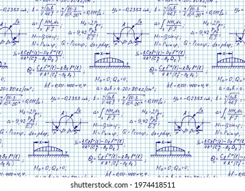 Education and scientific background. Math seamless pattern with the equations, figures, schemes, plots and other calculations on notebook page. Handwritten vector Illustration. 