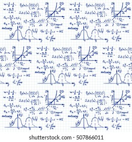 Education and scientific background. Math seamless pattern with the equations, figures, schemes, plots and other calculations on notebook page. Handwritten vector Illustration. 