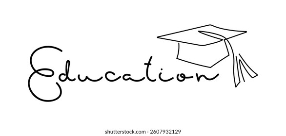 Education script lettering with graduate cap. Black and White logo. Vector illustration Time to study. Educational vector concept. Academic cap. Graduated specialists, certified education