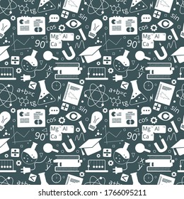 Education seamless background. Back to school seamless pattern. Physics, chemistry, mathematics school subjects. Vector illustration in flat style. Black and white