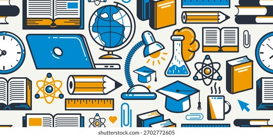 Educación de fondo sin fisuras, Fondo de pantalla de patrón sin fin de Vector con una gran cantidad de Elementos sobre el estudio y el tema de aprendizaje, se puede utilizar por separado como un ícono.