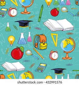 Education seamless pattern back to school open book, globe, pencils, textbooks vector illustration 