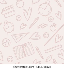 Education seamless pattern in beige colors and linear style. Vector illustration