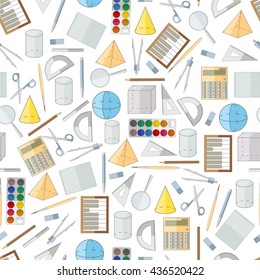 Education seamless pattern. Flat icons. School stationery. Colored cover. Back to school design. Vector illustration.