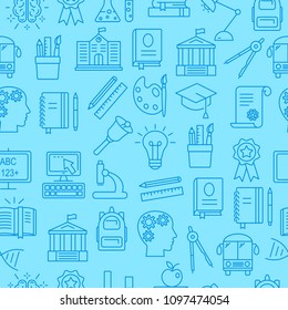 Education seamless pattern with flat outline icons of different school supplies vector illustration. Colorful template for wallpaper website print media endless texture. Isolated on blue background