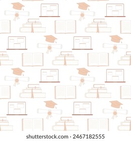 Education seamless pattern. Graduation caps, laptop, books endless background. Learning diploma repeat cover. Master's or Bachelor's degree. Vector hand drawn illustration.