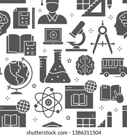 Education seamless pattern with icons. Set of chemistry, microscope, diploma, geometry and more. Vector background.