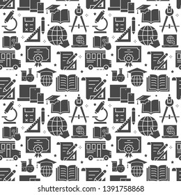 Education seamless pattern with icons. Set of chemistry, microscope, biology, geometry and more. Vector background.