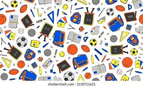 Education seamless pattern. Many school objects scattered on white background. High school, elementary. Graduating, back to school theme. Student supplies repeat design. Primary color palette.