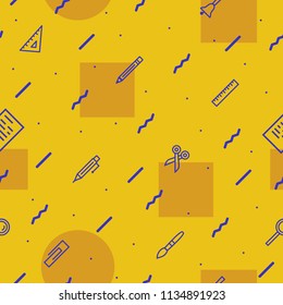 education seamless pattern on yellow background with modern line style school supplies such us pen, glass, ruler, pencil, brush  for poster, party, super sale offer. vector 10 eps