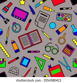 education. seamless pattern with school supplies. bright multicolored objects on a neutral gray background. vector illustration