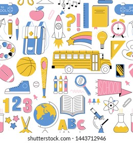 Education seamless pattern, set icons back to school in line minimalist style colorful childhood illustration. Fashion textile for print, t shirt, poster, clothes for kids, flyers, banner, stickers.