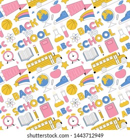 Education seamless pattern, set icons back to school in line minimalist style colorful childhood illustration. Fashion textile for print, t shirt, poster, clothes for kids, flyers, banner, stickers.