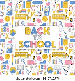Education seamless pattern, set icons back to school in line minimalist style colorful childhood illustration. Fashion textile for print, t shirt, poster, clothes for kids, flyers, banner, stickers.
