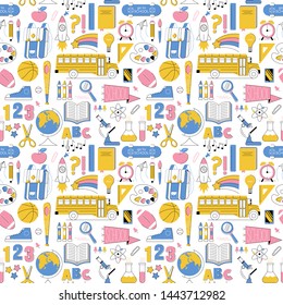 Education seamless pattern, set icons back to school in line minimalist style colorful childhood illustration. Fashion textile for print, t shirt, poster, clothes for kids, flyers, banner, stickers.