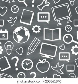 Education Seamless Texture with Globe and Icons. Vector chalk pattern