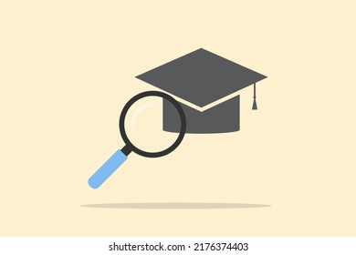 Education search concept. A magnifying with an education cap on yellow background. Online course, E-learning, student finder. 