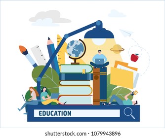 education searching vector illustration.
e-book e-learning e-library banner
training young people gain knowledge from books and Internet concept. 
online students flat cartoon character design