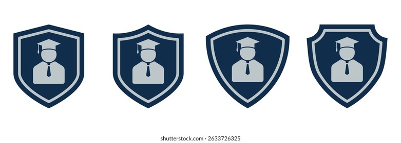 Education Security Badge Icons. Graduation Cap and Shield Set in Blue and Gray. Academic Emblem Collection for Certification, Learning Safety and School Protection Concepts.