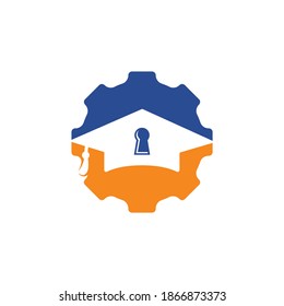 Education security logo design concept. Illustration of a key padlock sign with a bachelor's hat and gear.