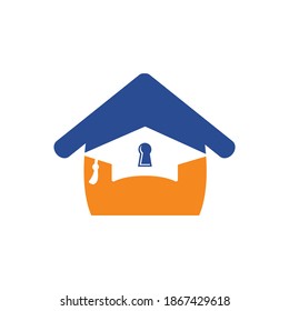 Education security logo design concept. Illustration of a key padlock sign with a bachelor's hat and house.