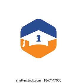 Education security logo design concept. Illustration of a key padlock sign with a bachelor's hat.