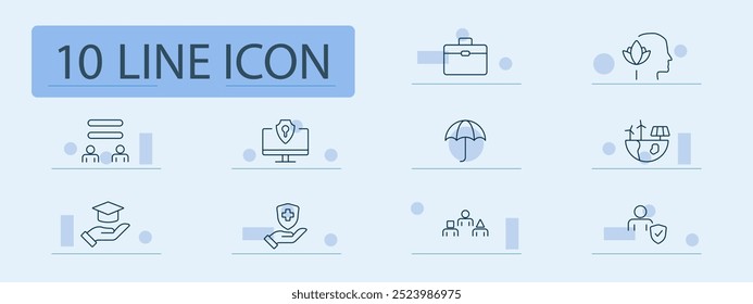 Education and security set icon. Briefcase, equality, head with leaf, computer security, umbrella protection, global sustainability, graduation, healthcare protection, hierarchy, safety